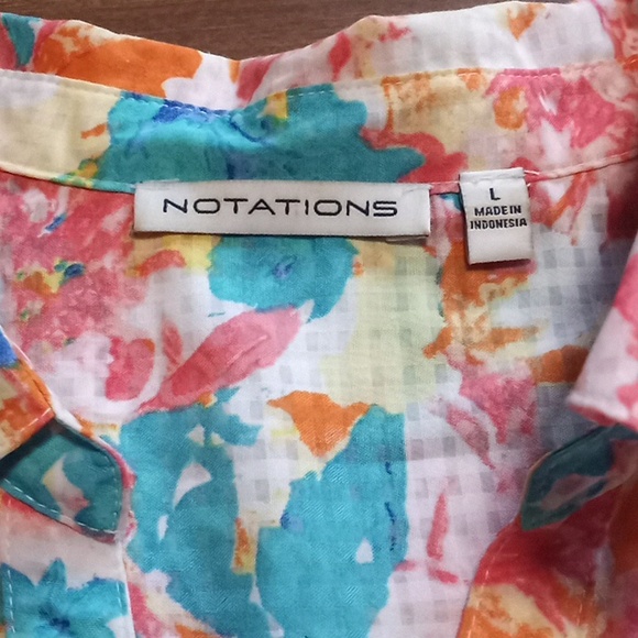Notations Floral Sheer Quarter Sleeve Button Up Blouse size L 2 Front Pockets - Picture 4 of 4